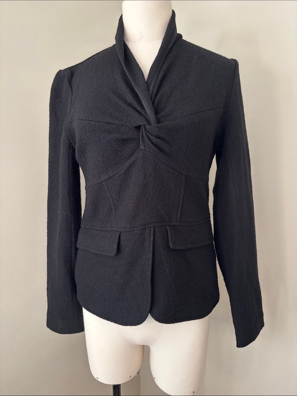 Sandra Angelozzi Black Twisted Front 100% Wool Pullover Top M